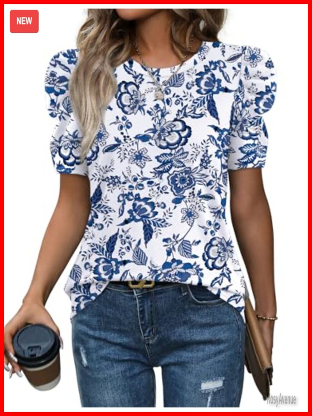Women's Puff Sleeve Crewneck Blouse, Soft Stretchy Summer Top, Dressy Casual